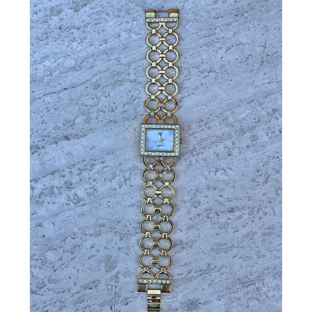 Elizabeth Taylor White Diamonds Gold Rhinestone Quartz Ladies Watch 8” Link Band - Picture 5 of 8